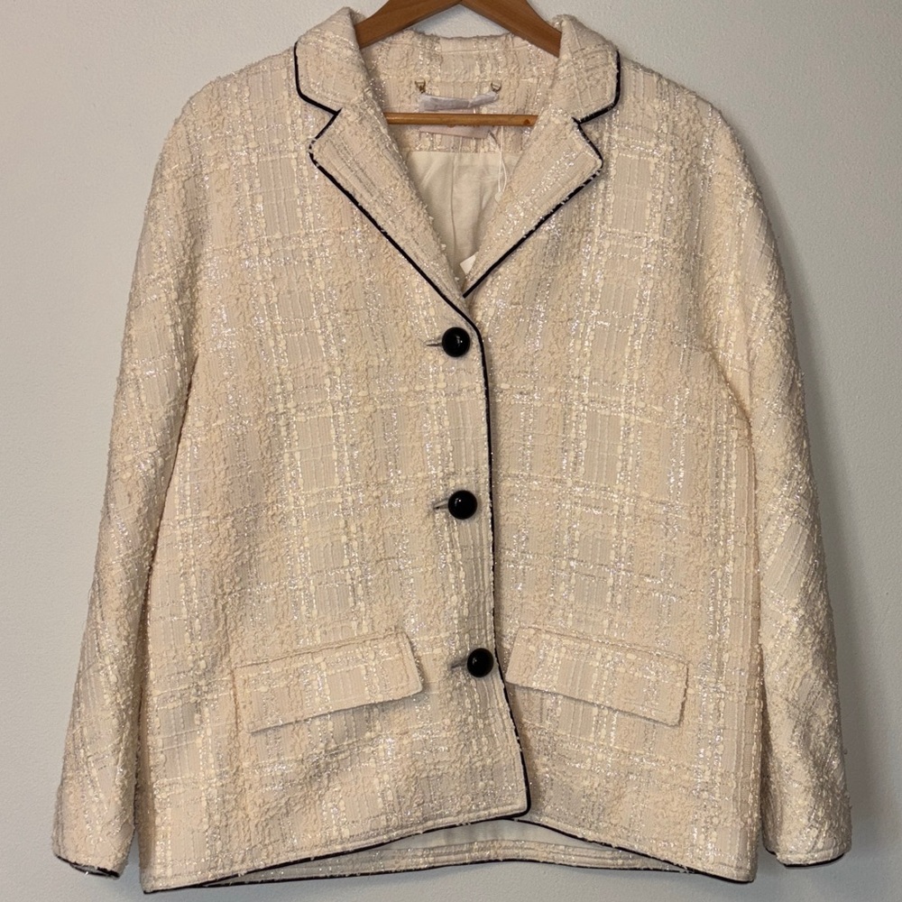 Tory Burch Ivory Plaid Tweed Oversized Blazer Size 10